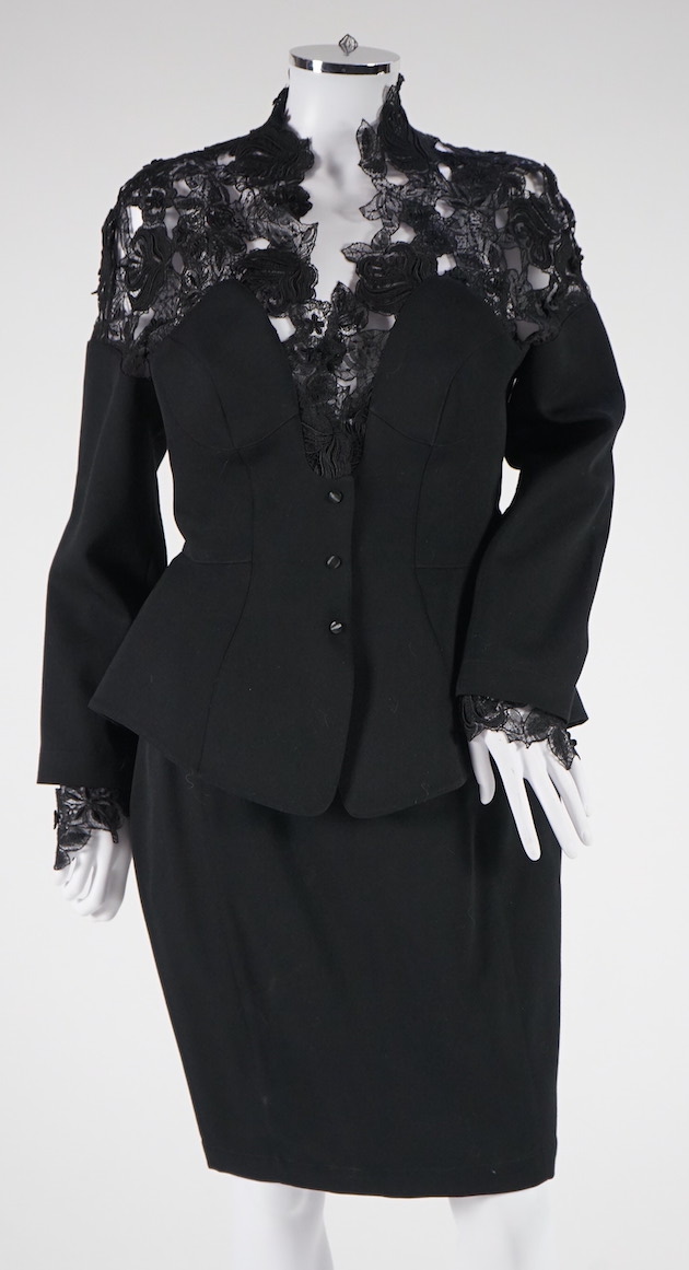 A vintage Thierry Mugler black skirt suit with lace detail Size 12-14